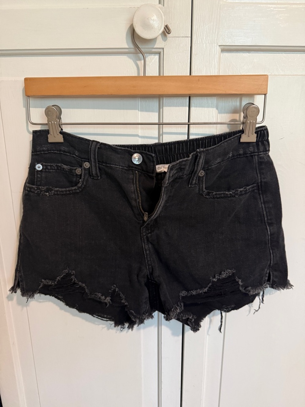 aerie Black Distressed Frayed Hem Denim Shorts